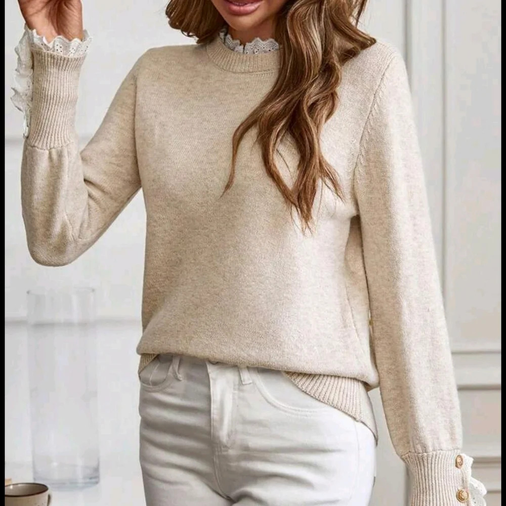 Women's Apricot Floral Trim Crew Neck Long Sleeve Knitted Sweater - Picture 2 of 6